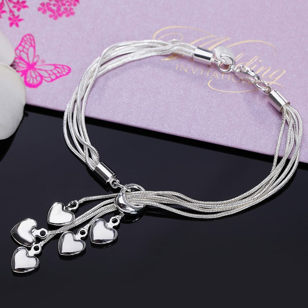 Lady charm 925 Stamp Silver color Bracelet for woman Tassel hanging heart snake chain Wedding party Gifts fashion Jewelry