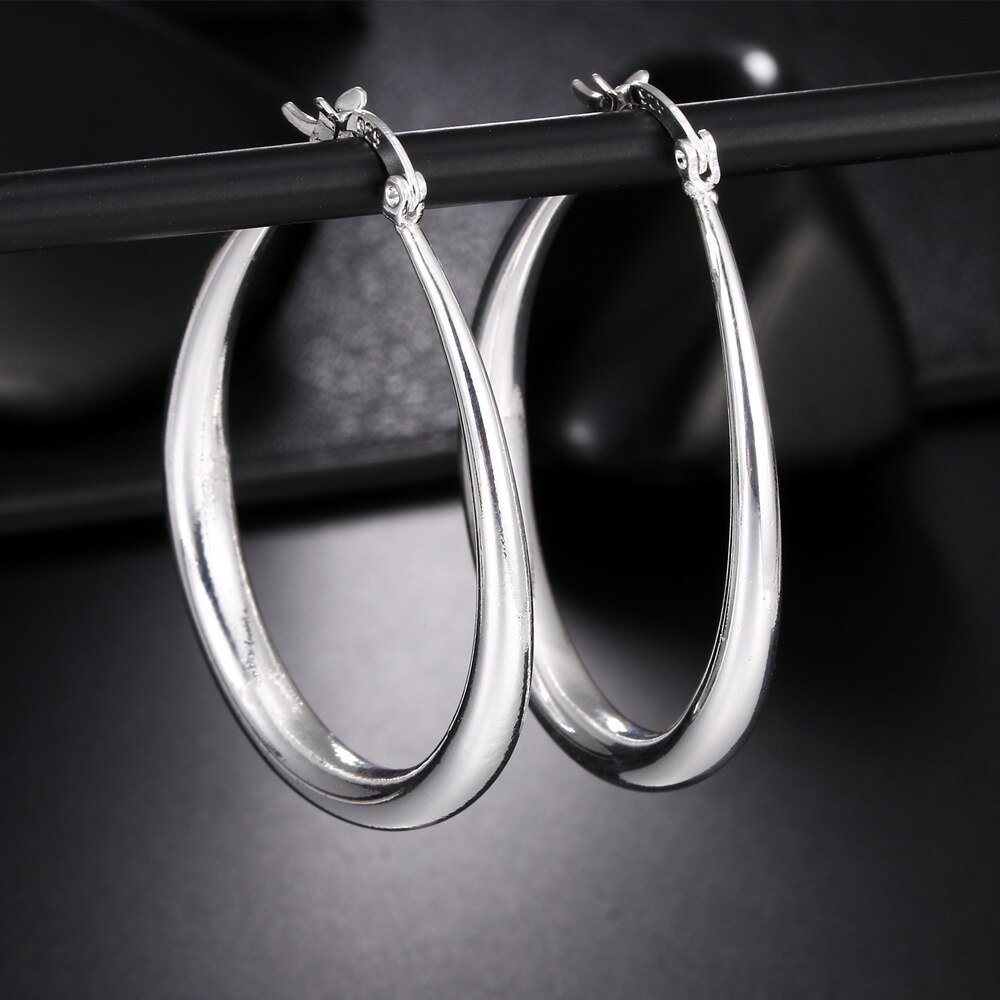 Charm 925 Stamp Silver color 41MM Smooth Circle Big Hoop Earrings For Women Lady Fashion High Quality Wedding Jewelry Gifts