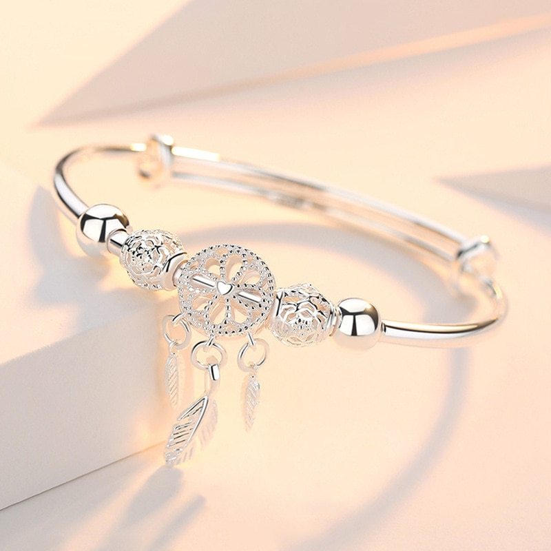 Adjustable 925 Stamp Silver color Bangle Dreamcatcher Tassel Feather Round Bead Charm Bracelet Cuff For Women Elegant wedding