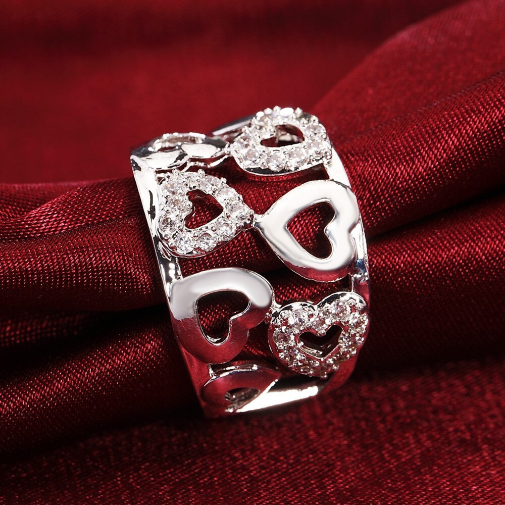 Hot new 925 Stamp Silver color Rings For Women wide fine crystal heart Fashion Party Gift Girl Charm wedding luxury Jewelry
