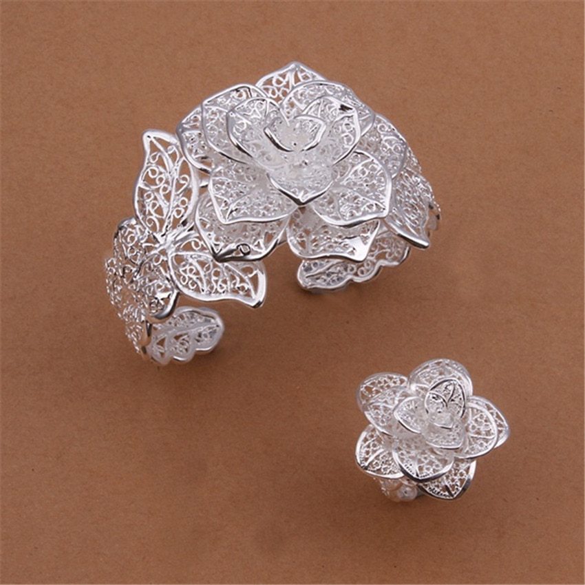 Hot popular 925 Stamp Silver color big flower bangle rings bracelet Jewelry sets for women fashion party wedding Christmas Gifts
