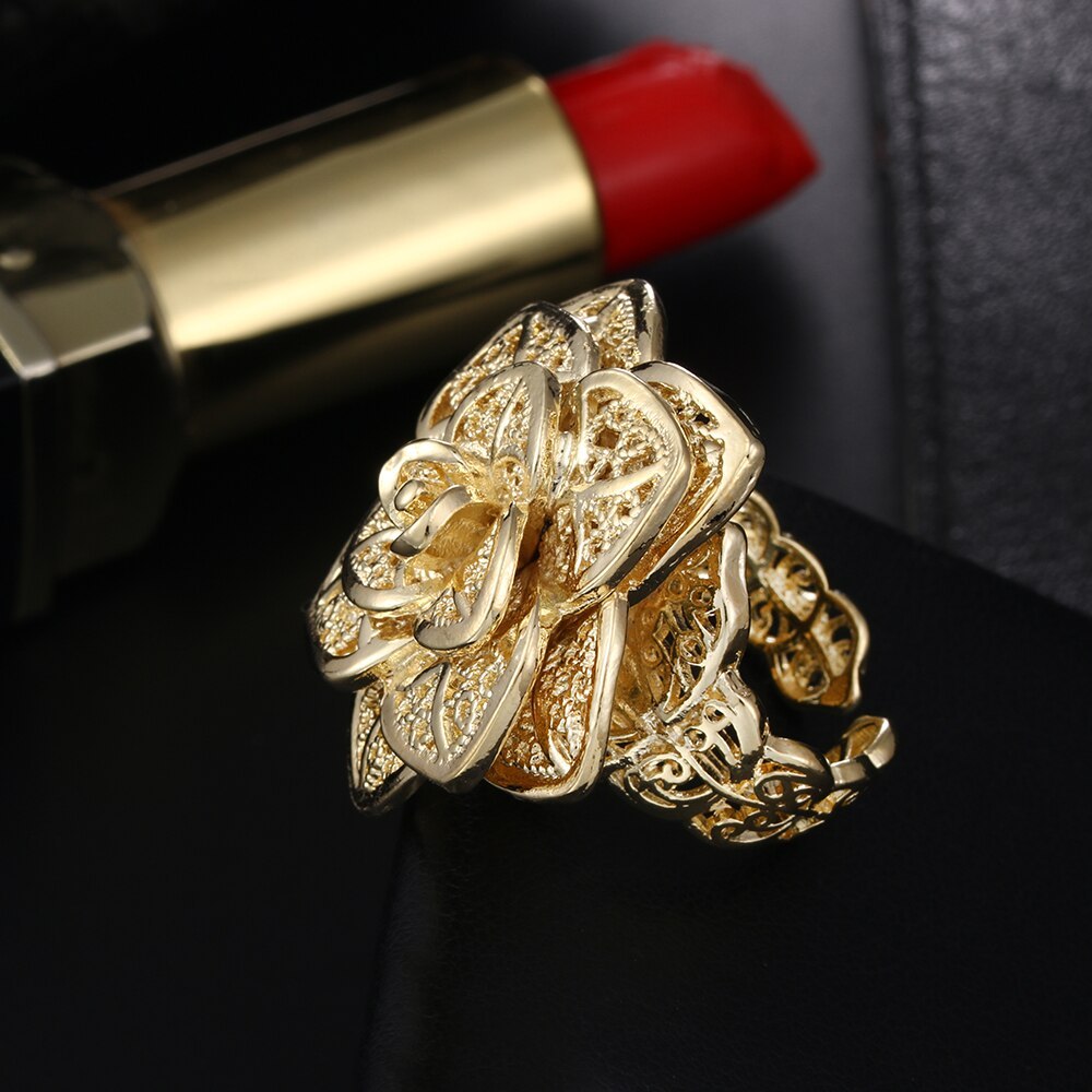 925 Stamp Silver color 18K gold PLATED  big flower Rings For Women adjustable Fashion Wedding Party gift lady fine luxery Jewelry