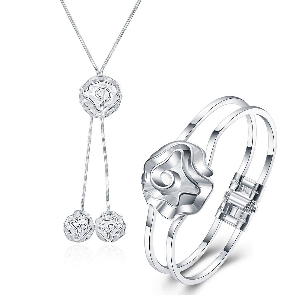 Women 925 Stamp Silver color rose flower necklaces bangles high quality Jewelry set fashion Party wedding lady Christmas gifts