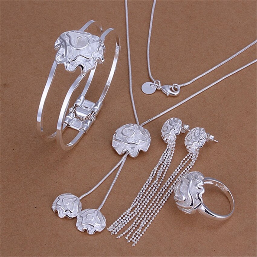 925 Stamp Silver color rose flower bangle Jewelry set rings Bracelets necklaces earring stud for women Party wedding gift