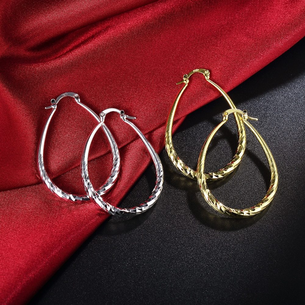 New 925 Stamp Silver color oval Rope 4.4cm earrings high quality 18K gold plated earrings Fashion Jewelry party Christmas Gift