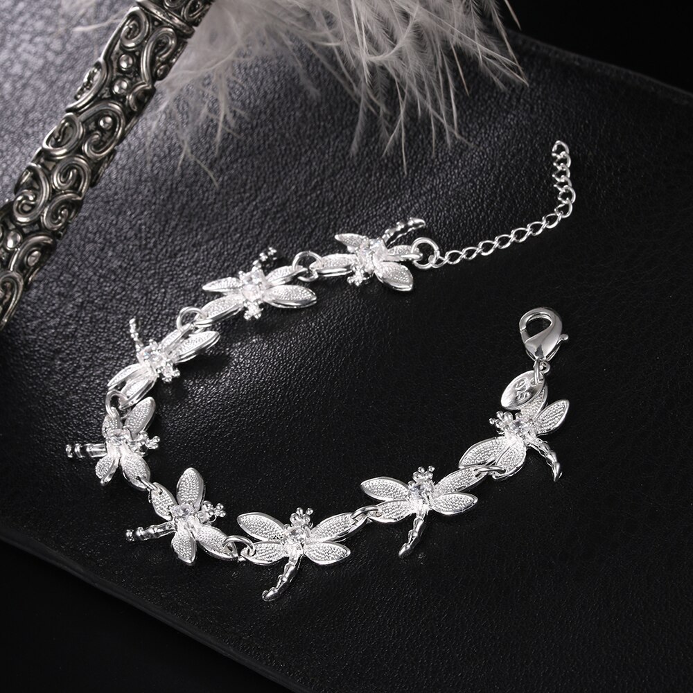 Hot sale fashion 925 Stamp Silver color Bracelet for woman fine crystal Dragonfly chain Wedding party Christmas Gifts Jewelry