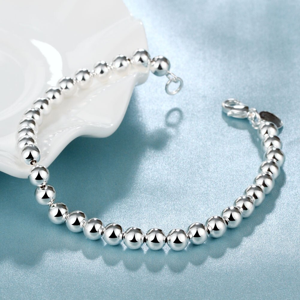 Hot sale fashion 925 Stamp Silver color Bracelet for woman man classic 6mm bead chain Wedding party Christmas Gifts Jewelry