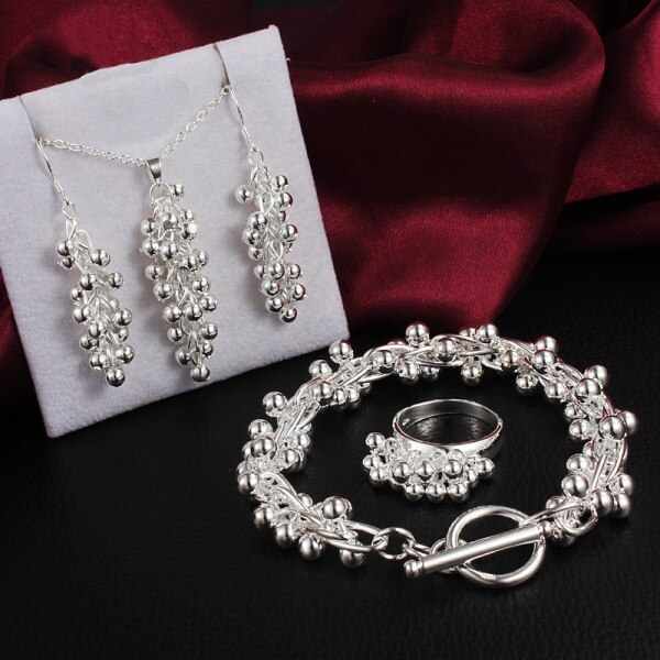 925 Stamp Silver color fine Grape beads pendant Jewelry set earrings bracelet rings necklaces for women Fashion wedding Party