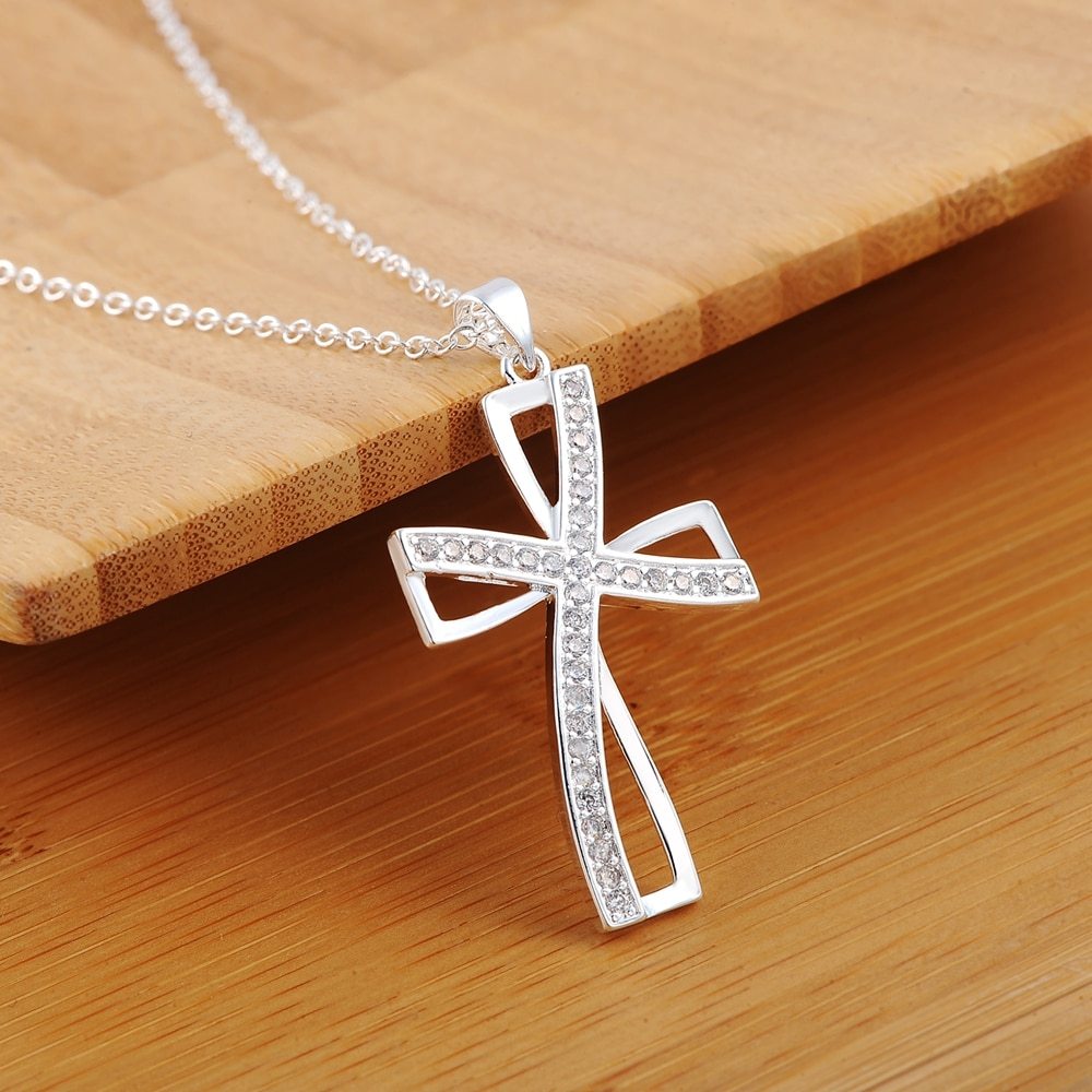 925 Stamp Silver color 18 inch AAA Zircon Elegant cross pendant Necklace For Women Fashion party wedding Jewelry Christmas Gifts
