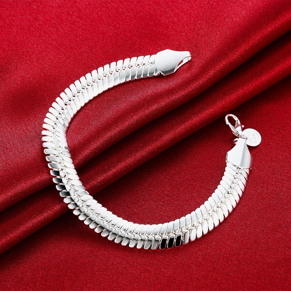 Factory outlets fashion 925 Stamp Silver color Bracelet for men 10MM flat snake bone chain Luxury jewelry Wedding party gifts