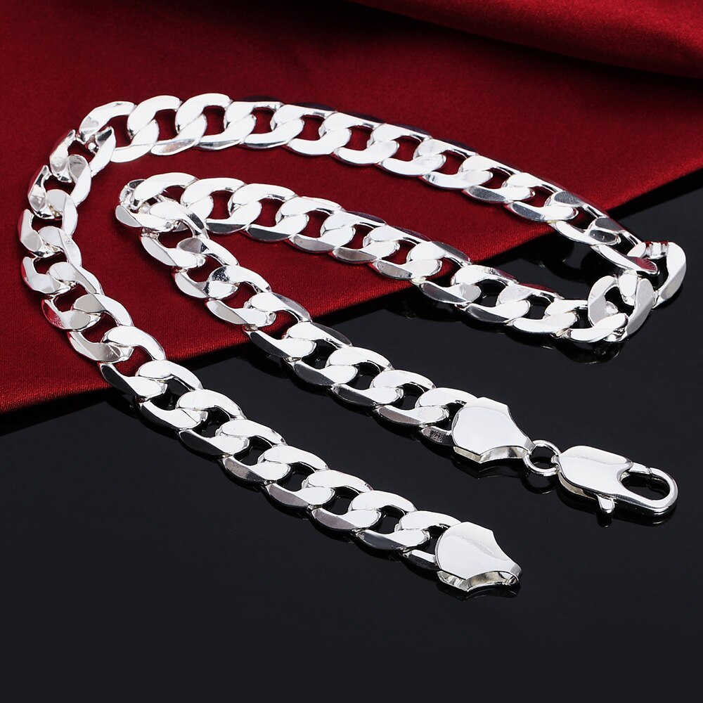 hot 925 Stamp Silver color classic Cuban 12MM chain necklace for men 18-30 inches Charm Fashion jewelry party wedding