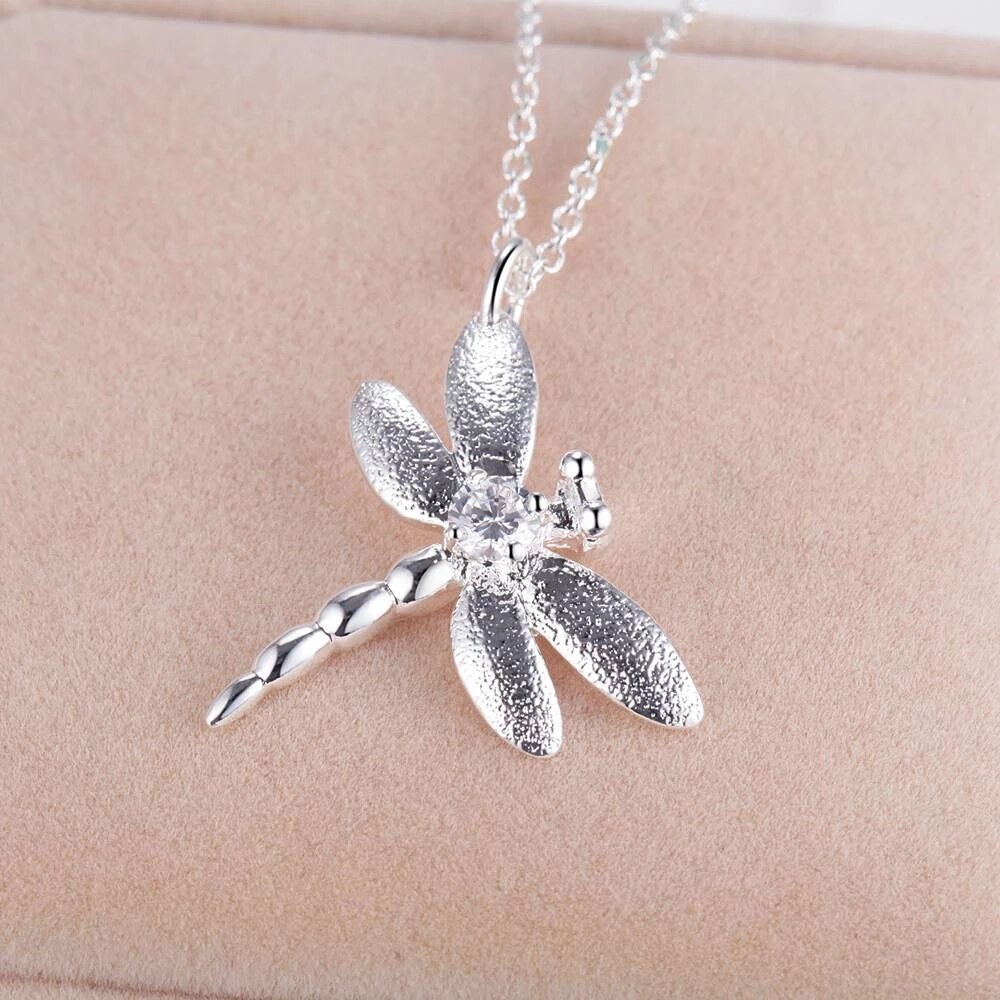 Special offer fashion Party wedding Jewelry set 925 Stamp Silver color Crystal dragonfly pendant necklace earrings for Women