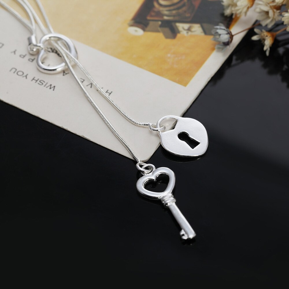 Special offer 925 Stamp Silver color Fashion brand Heart lock key Necklace For Women luxury Wedding party Jewelry Christmas gift