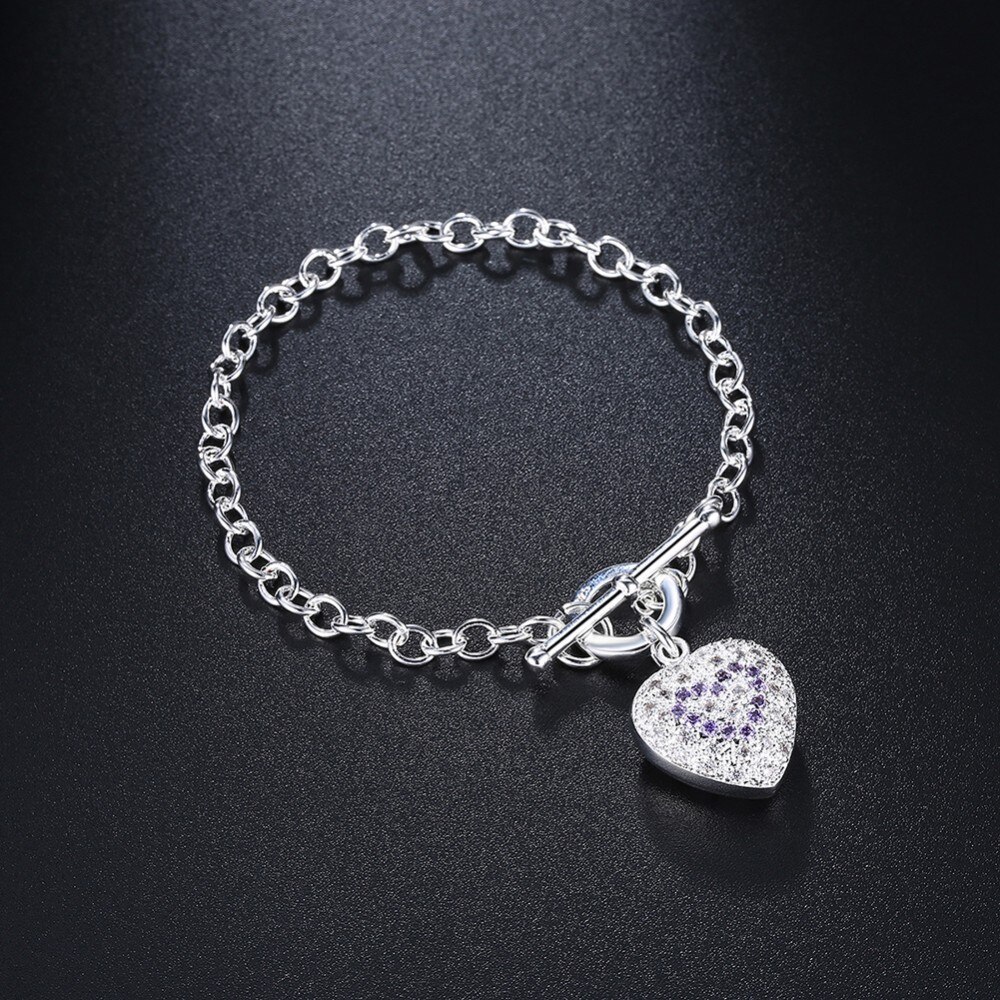 New 925 Stamp Silver color fine heart crystal pendant necklace bracelets Jewelry sets for women Fashion Party wedding gift