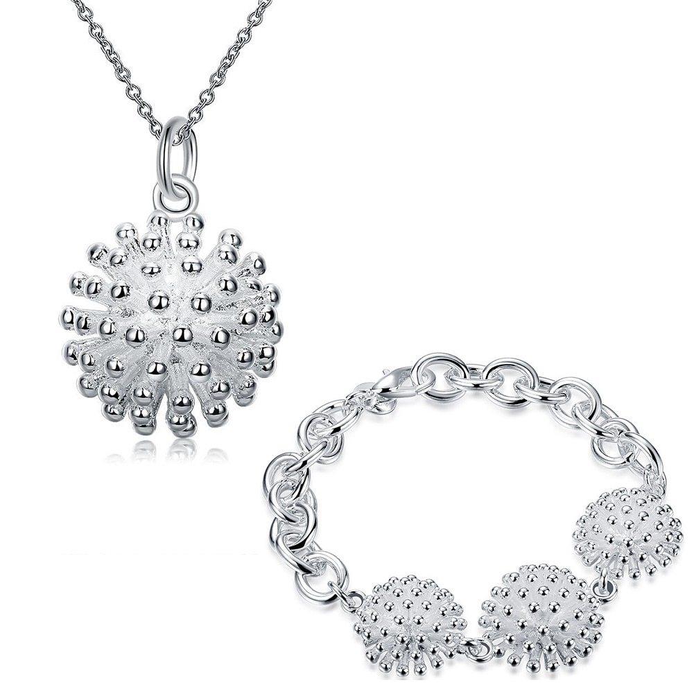 High-quality 925 Stamp Silver color fine Fireworks Pendant necklace bracelet Jewelry set for women Fashion Party Holiday gifts
