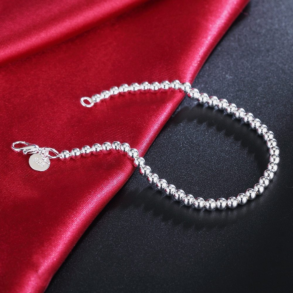 Fashion charm 925 Stamp Silver color Bracelet for woman 4MM beads chain jewelry Wedding party Christmas gifts