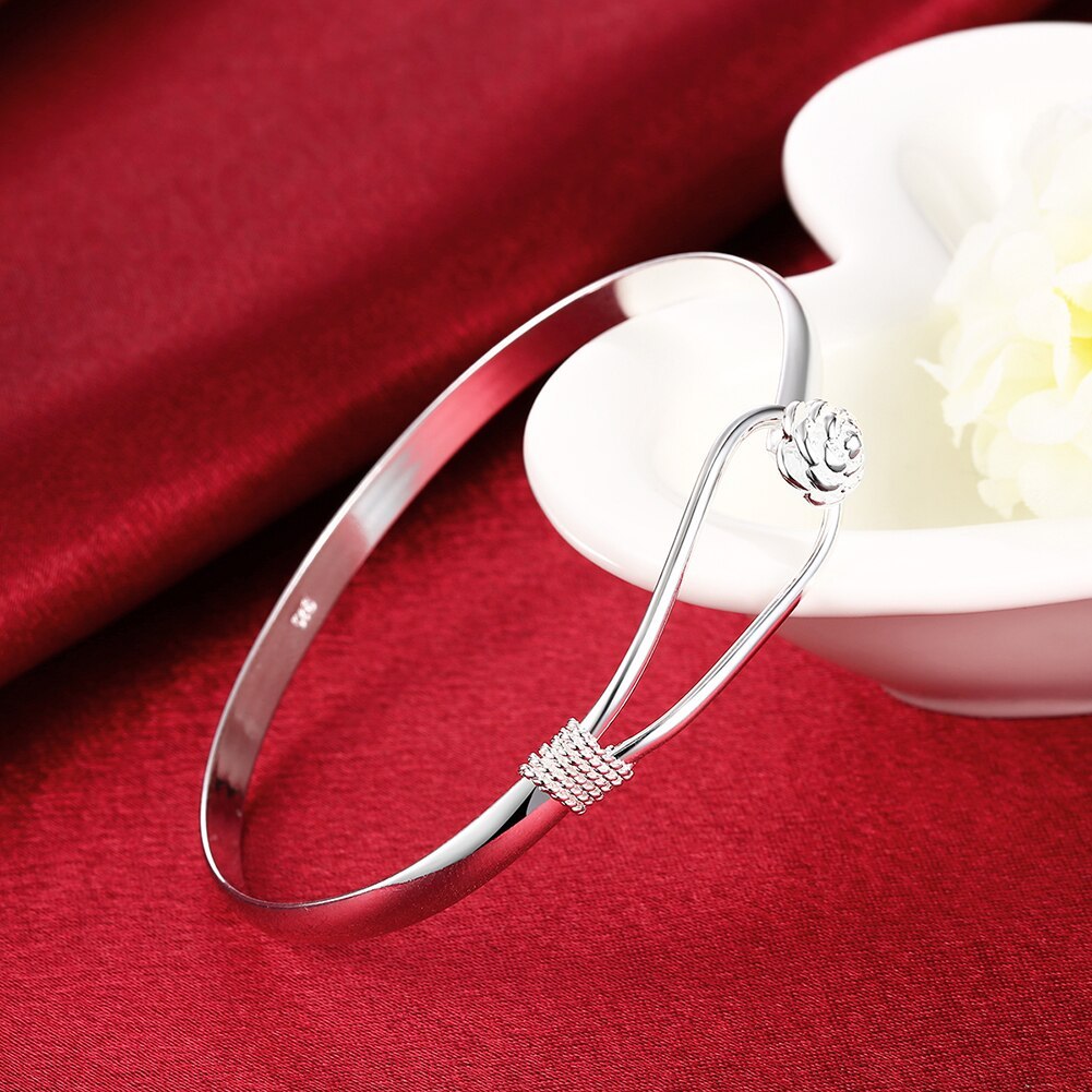 Christmas gifts hot new 925 Stamp Silver color fine elegant flower bangle for Women adjustable Jewelry Fashion Party wedding