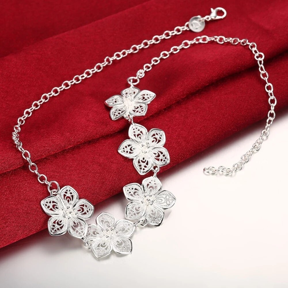 Hot Retro beautiful Flowers necklaces bracelet 925 Stamp Silver color Jewelry sets for women fashion Party wedding Gifts
