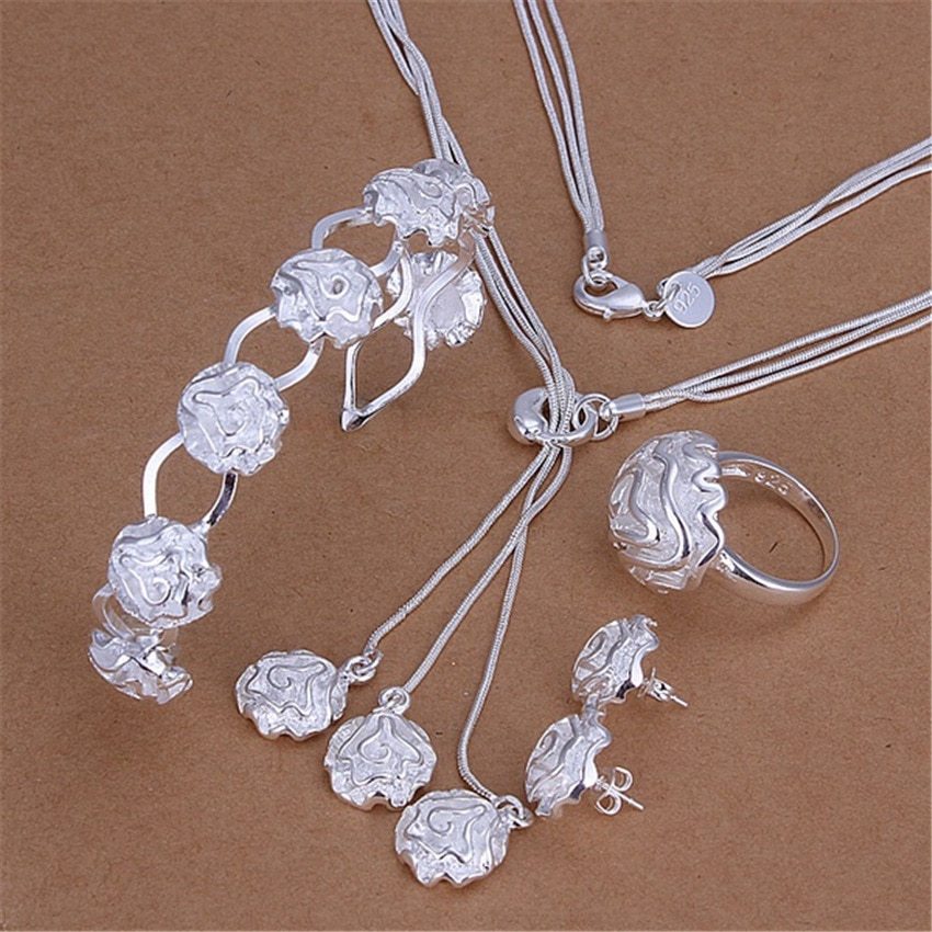 Fashion 925 Stamp Silver color rose flower bangle rings Bracelets necklaces earrings stud Jewelry set for women wedding Party