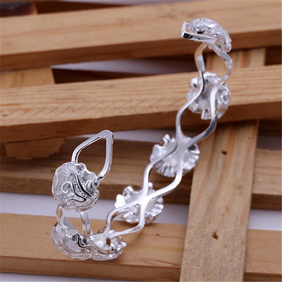 Woman favorite 925 Stamp Silver color rose flower bangles Bracelets adjustable fine Jewelry Fashion Party Gifts Girl wedding