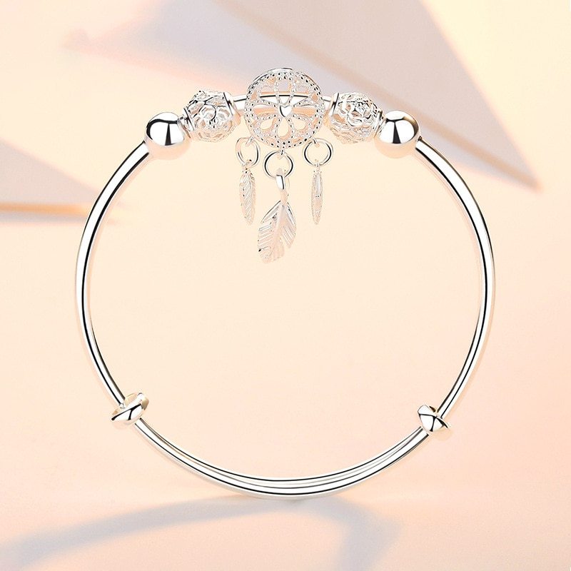 Adjustable 925 Stamp Silver color Bangle Dreamcatcher Tassel Feather Round Bead Charm Bracelet Cuff For Women Elegant wedding