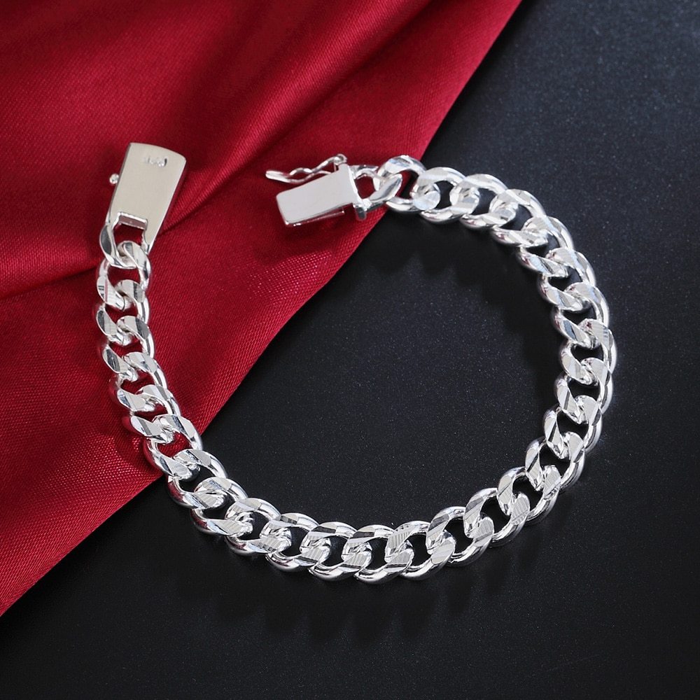 Hot 925 Stamp Silver color Bracelets for women 10MM Classic fine Chain for man Wedding party Christmas Gifts fashion Jewelry