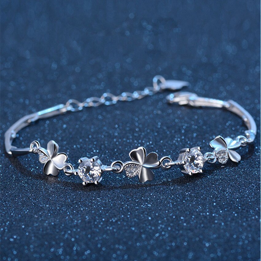 hot sale 925 Stamp Silver color Zircon Lucky Clover Bracelets crystals chain For Women Valentines Gift Wedding party Jewelry