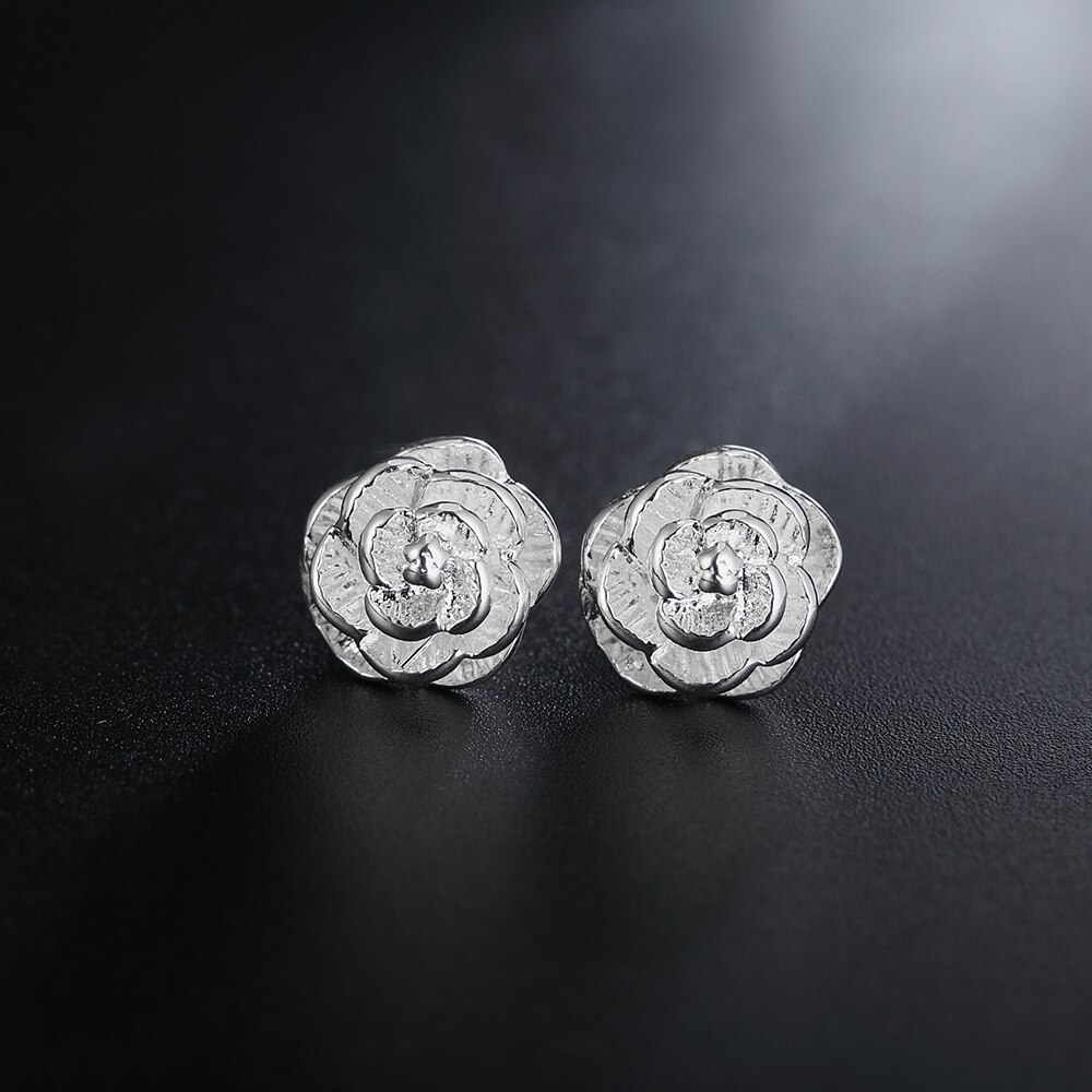 Fine 925 Stamp Silver color rose Flower bud Earring stud for Women Fashion Valentine's Day Gifts classic party wedding Jewelry