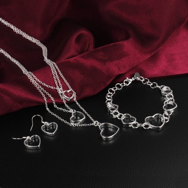 925 Stamp Silver color Love Heart Bracelet necklace earrings Jewelry set for women Fashion classic wedding Party Christmas Gifts