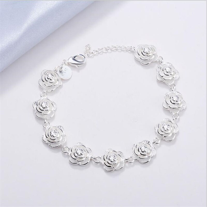 New 925 Stamp Silver color Full Rose Flower Chain Bracelet For Women elegant Fashion classic Wedding Party Gifts fine Jewelry
