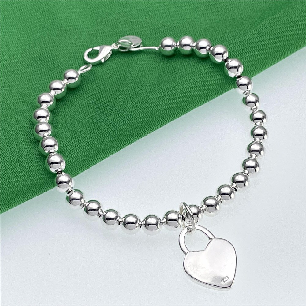 925 Stamp Silver color Pretty 6MM beads chain Heart Bracelets for Women Fashion party wedding accessories Jewelry Christmas gift