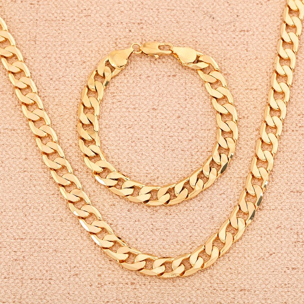 Street all-match 925 Stamp Silver color plated 18K gold classic 8MM geometry bracelet neckalce for women men fashion jewelry set