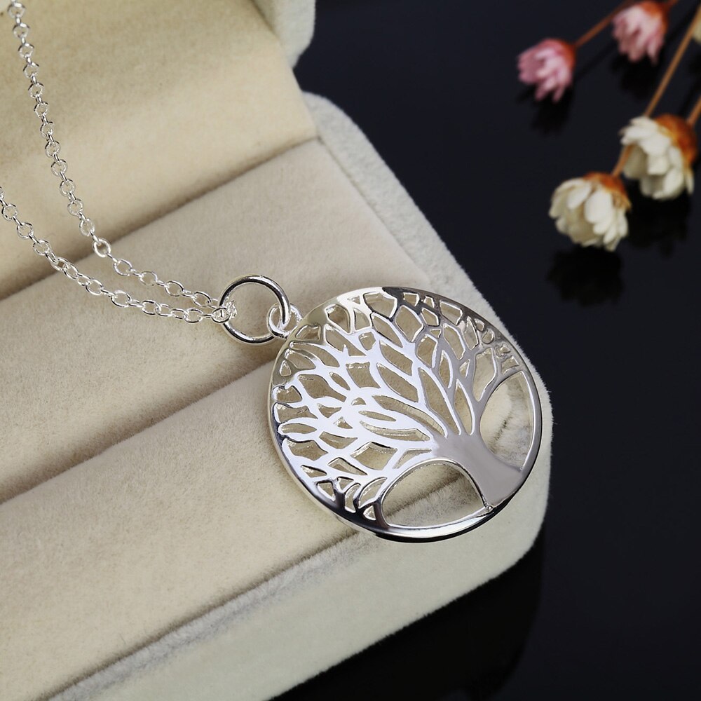 Noble 925 Stamp Silver color Fashion Jewelry Charm Round tree Pendant Necklace For Women 18 inches Hot sale Wedding Gifts