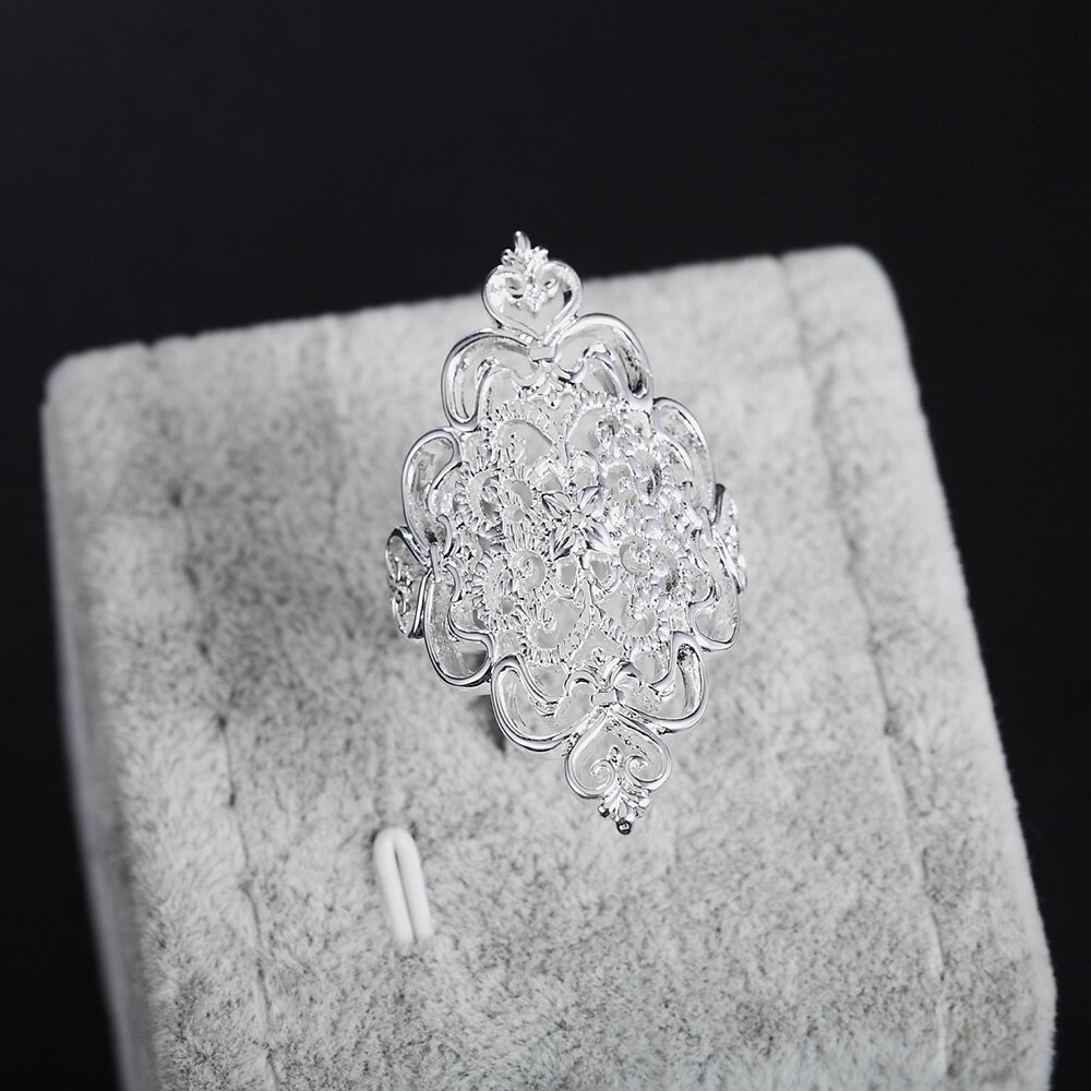 Hot luxury 925 Stamp Silver color Rings For Women fine wide Retro elegant flower Fashion Party Gifts Girl  Charm wedding Jewelry