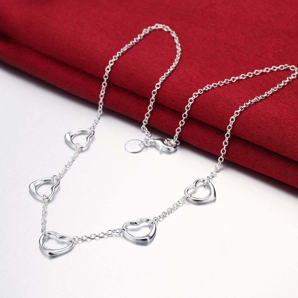 Classic 925 Stamp Silver color Necklaces for Women Jewelry 18 Inches romantic five heart chain lady party Fashion Christmas Gift