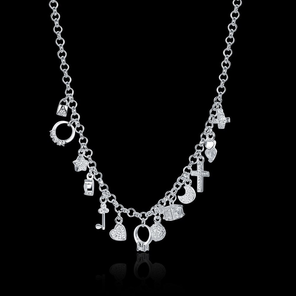 Factory Direct 925 Stamp Silver color 18 inch Shiny zircon key moon heart star cross All-match necklace gift fine Jewelry