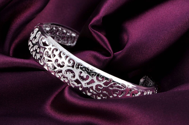 Fine 925 Stamp Silver color Hollow pattern bangles Bracelets for Women adjustable Fashion luxury Jewelry wedding Party lady Gift