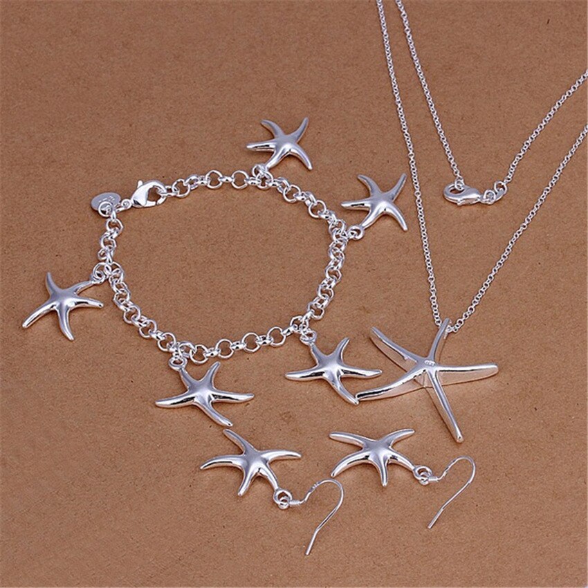 Fashion new 925 Stamp Silver color fine starfish Pendant Bracelet necklace earrings Jewelry set for women Party Christmas Gifts