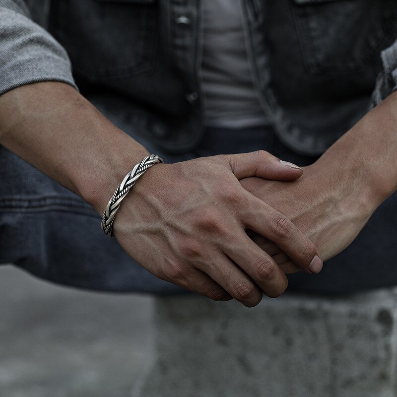 Street all-match 925 Stamp Silver color Twisted Woven Bracelet man women Neutral Retro Thai Original Handmade Opening bangle