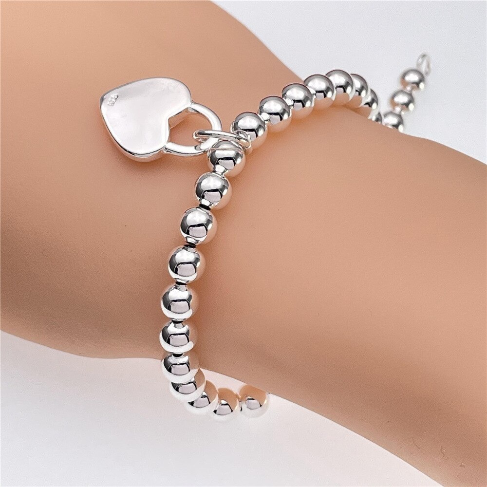 925 Stamp Silver color Pretty 6MM beads chain Heart Bracelets for Women Fashion party wedding accessories Jewelry Christmas gift