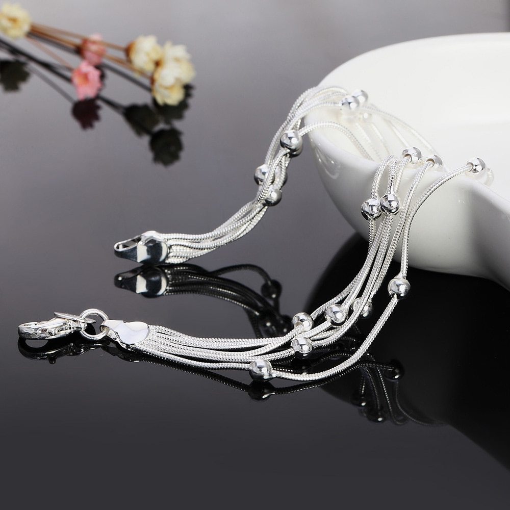 Factory outlets fashion 925 Stamp Silver color Bracelet for woman five line beads chain fine Luxury jewelry Wedding party gifts