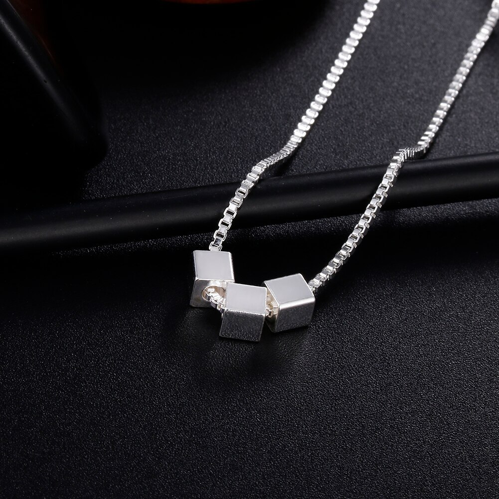 Classic 925 Stamp Silver color Necklace for woman Box chain Simple Square cube Pendant party fashion Jewelry Christmas Gift