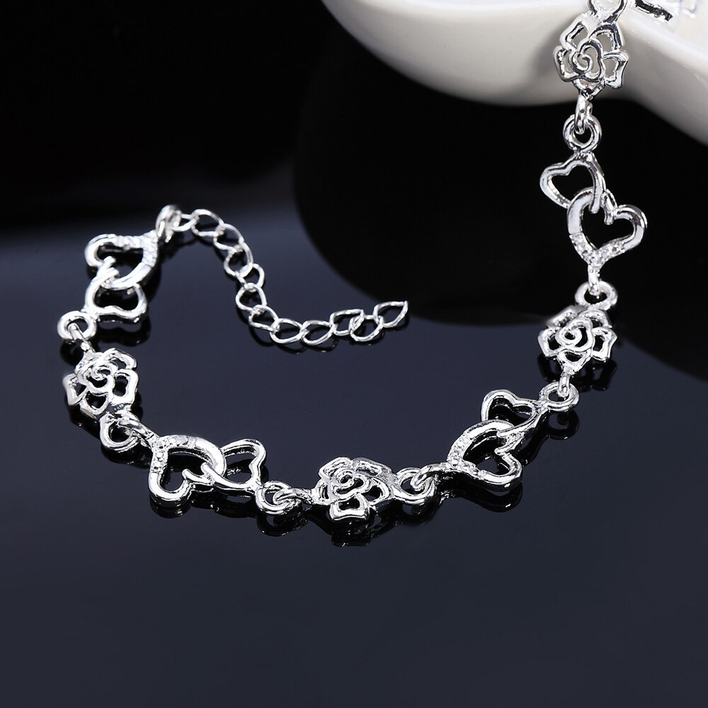 Special offer fashion 925 Stamp Silver color Bracelet for woman romantic heart flowers chain fine jewelry Wedding party gifts