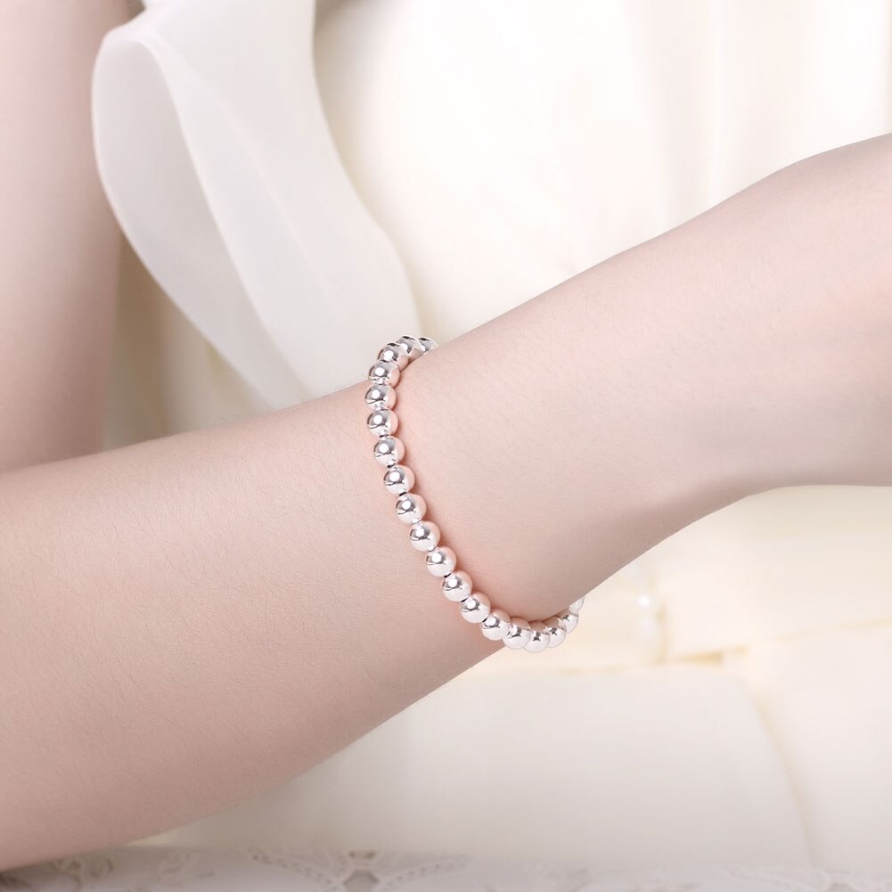 Hot sale fashion 925 Stamp Silver color Bracelet for woman man classic 6mm bead chain Wedding party Christmas Gifts Jewelry