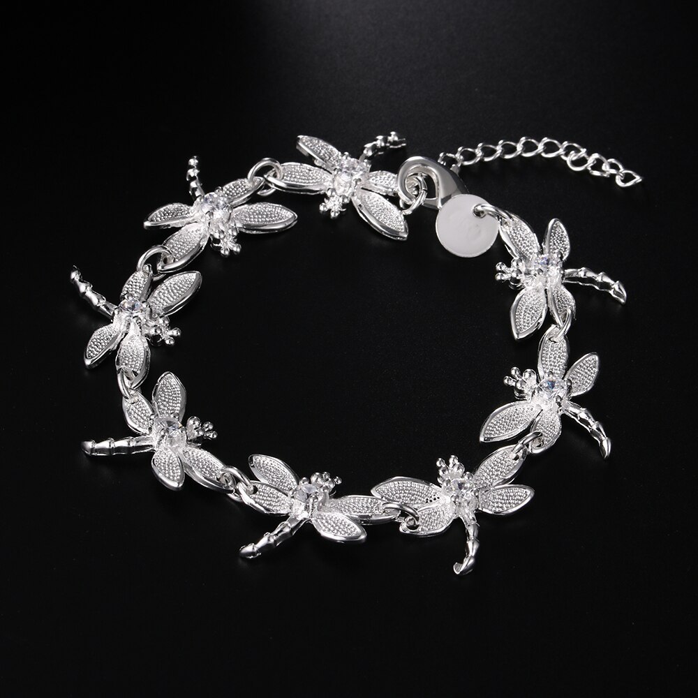 Hot sale fashion 925 Stamp Silver color Bracelet for woman fine crystal Dragonfly chain Wedding party Christmas Gifts Jewelry