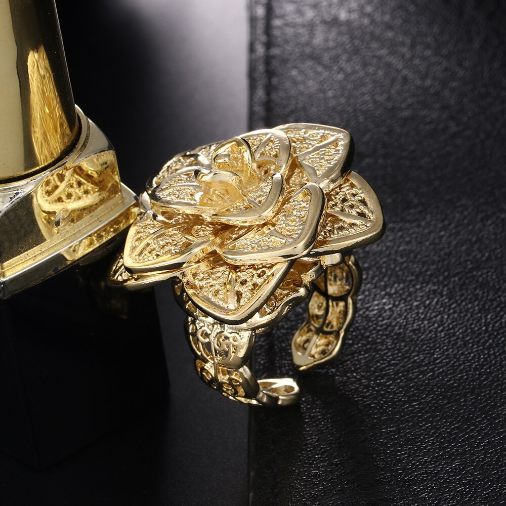 925 Stamp Silver color 18K gold PLATED  big flower Rings For Women adjustable Fashion Wedding Party gift lady fine luxery Jewelry
