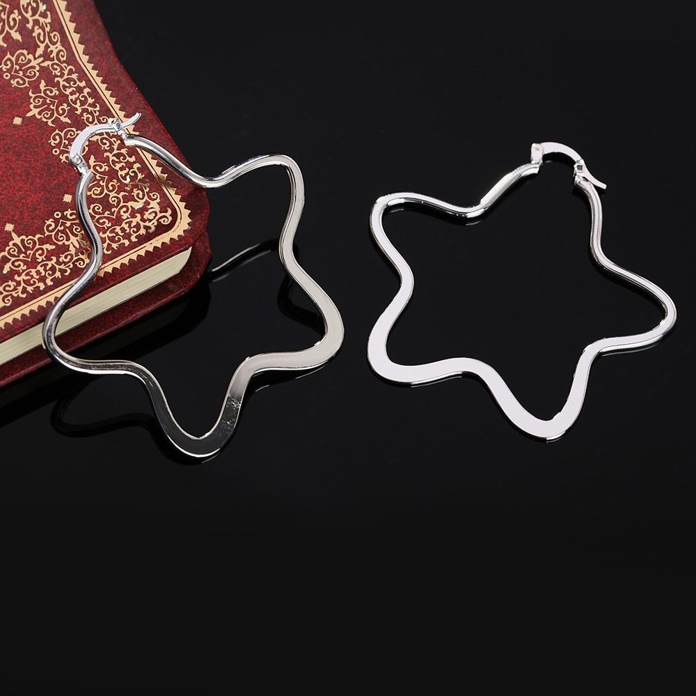 Elegant fashion Jewelry 925 Stamp Silver color Earrings for Woman Big five-pointed star hoop earrings Wedding party Gifts