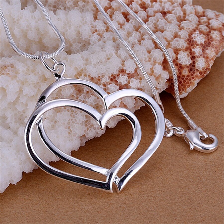 Charm hot 925 Stamp Silver color Double Heart Pendant necklace for women Fashion Jewelry Chain Wedding party Christmas Gift