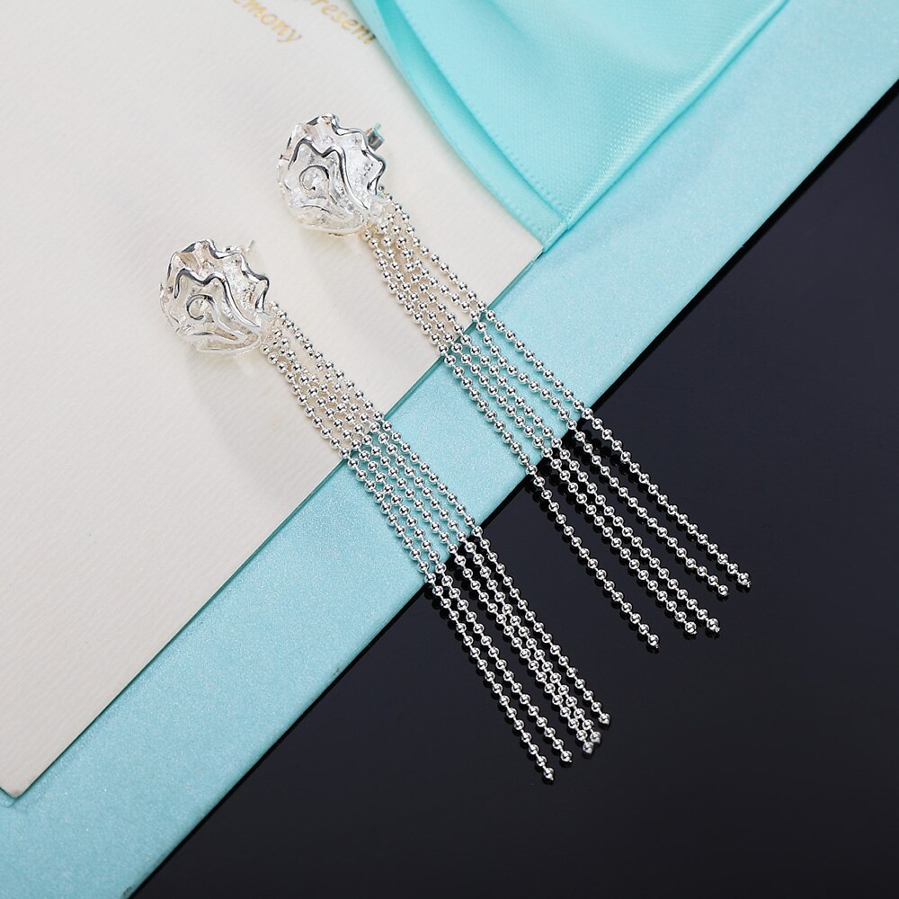Fine 925 Stamp Silver color tassel Rose flower Earrings stud for Women Birthday Gifts Charm Fashion Wedding party lady Jewelry