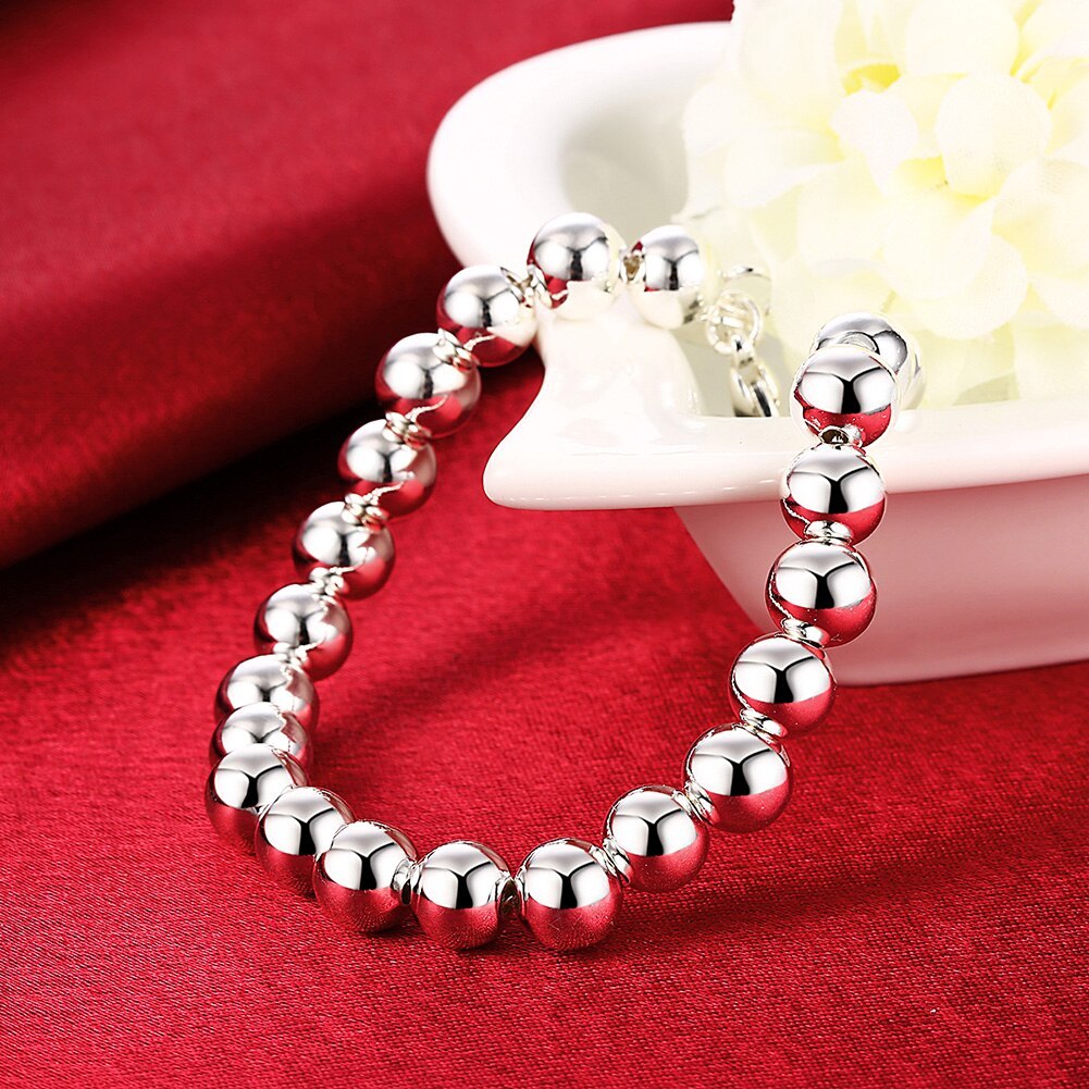 Hot sale fashion 925 Stamp Silver color Bracelet for woman fine 8MM Bead chain Wedding party Christmas Gift high quality Jewelry